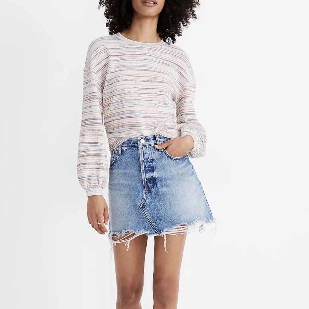 Madewell Womens Bubble Sleeve Sweater Crop Top Rainbow Stripe